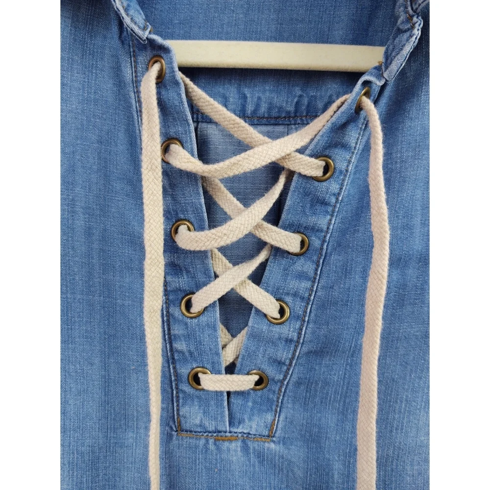Anthropologie Cloth & Stone Chambray Lace Up Top Size XS - Picture 8 of 11